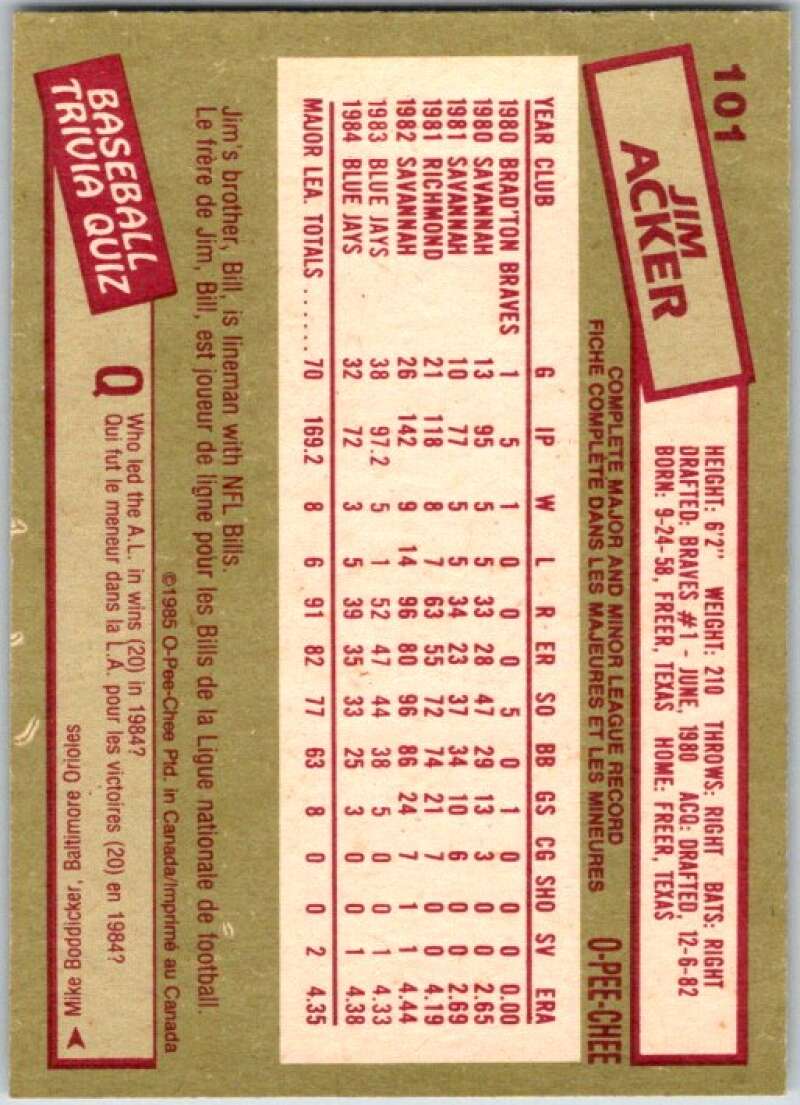 1985 O-Pee-Chee #101 Jim Acker Toronto Blue Jays V36022
