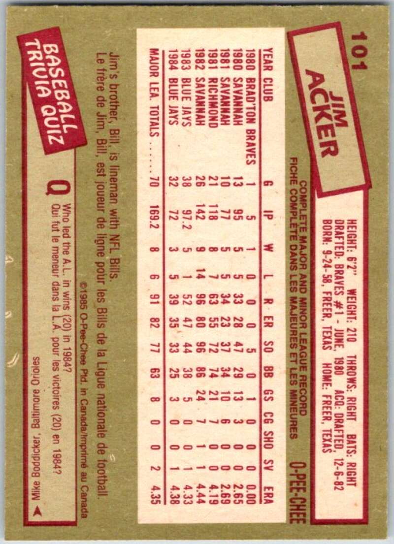 1985 O-Pee-Chee #101 Jim Acker  Toronto Blue Jays  V36022