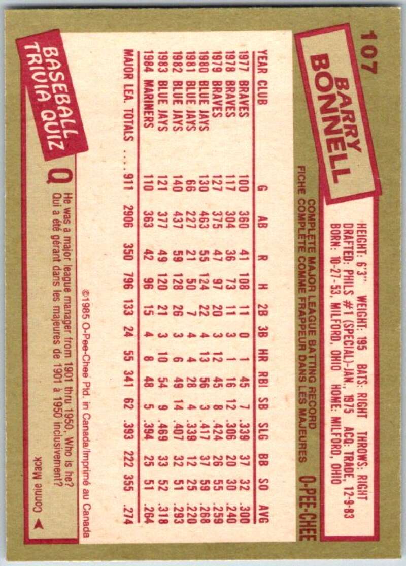 1985 O-Pee-Chee #107 Barry Bonnell Seattle Mariners V36023