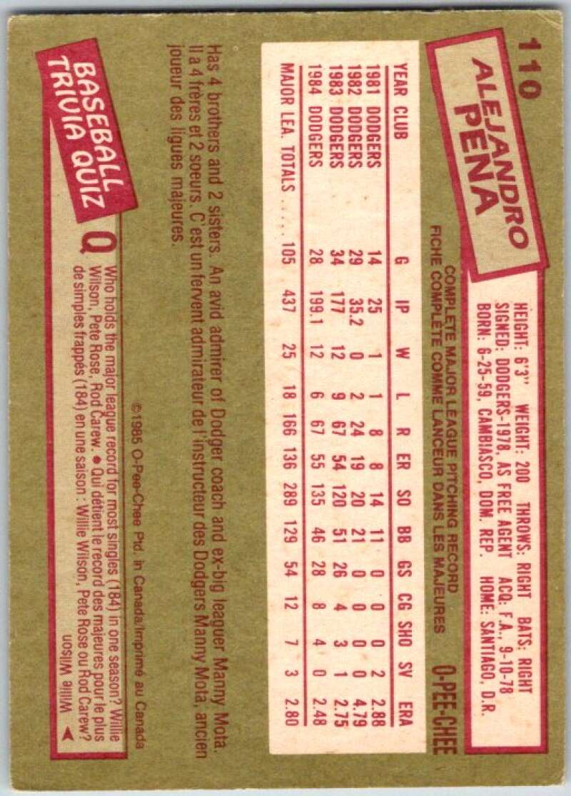 1985 O-Pee-Chee #110 Alejandro Pena Los Angeles Dodgers V36024