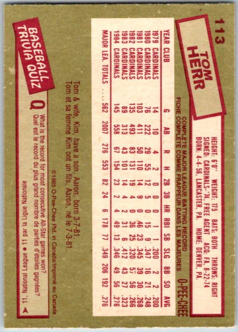 1985 O-Pee-Chee #113 Tom Herr St. Louis Cardinals V36026