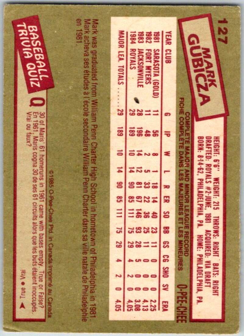 1985 O-Pee-Chee #127 Mark Gubicza Kansas City Royals V36029