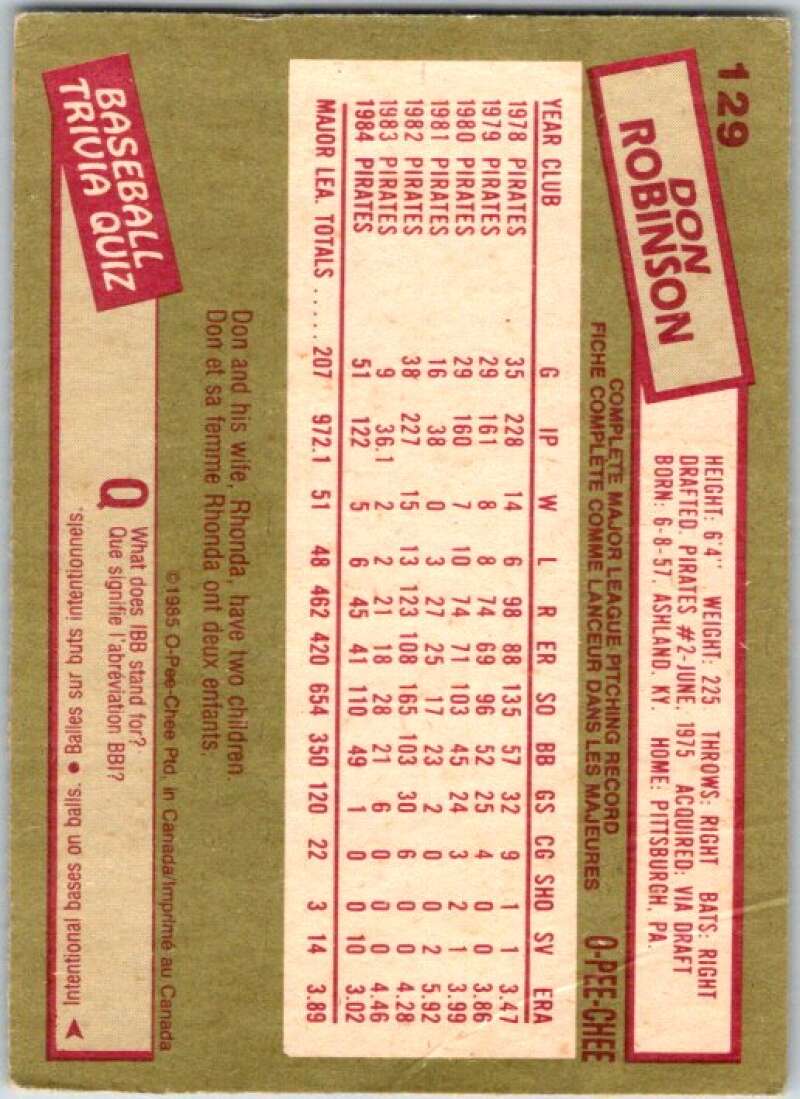 1985 O-Pee-Chee #129 Don Robinson Pittsburgh Pirates V36030