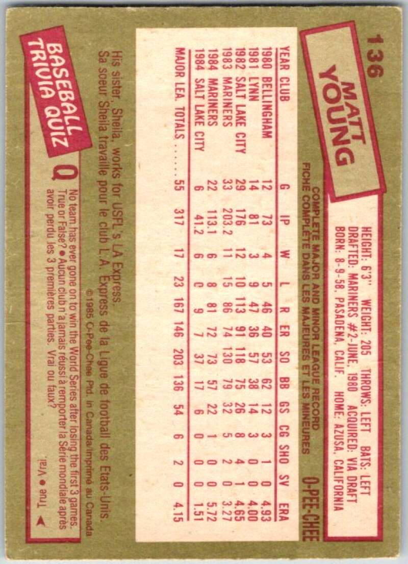 1985 O-Pee-Chee #136 Matt Young  Seattle Mariners  V36034
