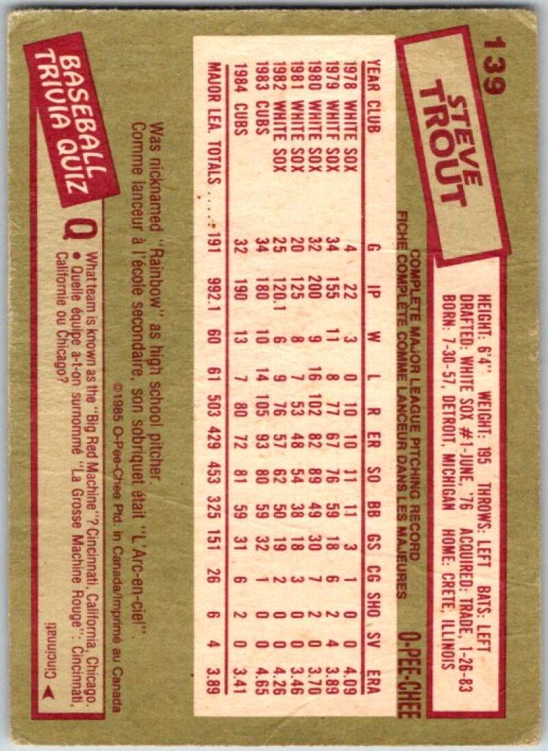 1985 O-Pee-Chee #139 Steve Trout Chicago Cubs V36035