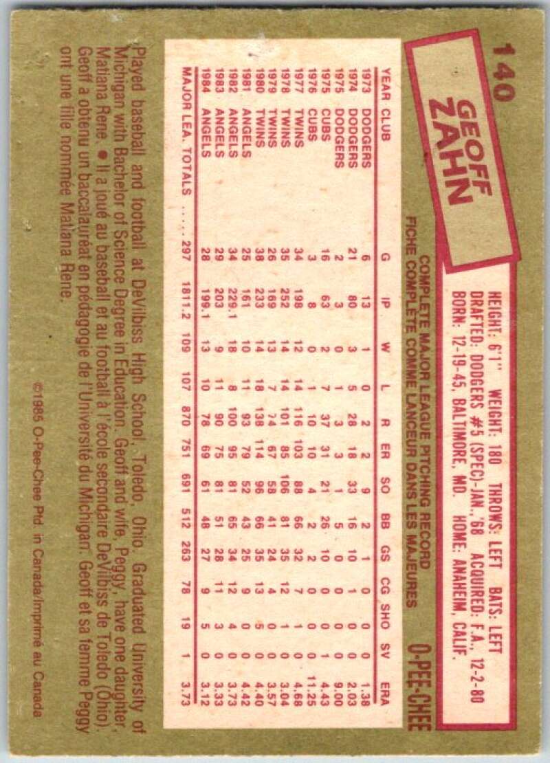 1985 O-Pee-Chee #140 Geoff Zahn California Angels V36036