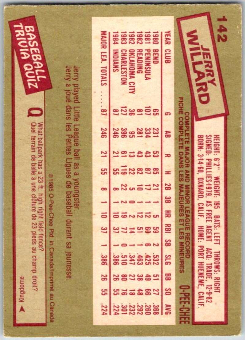 1985 O-Pee-Chee #142 Jerry Willard Cleveland Indians V36037