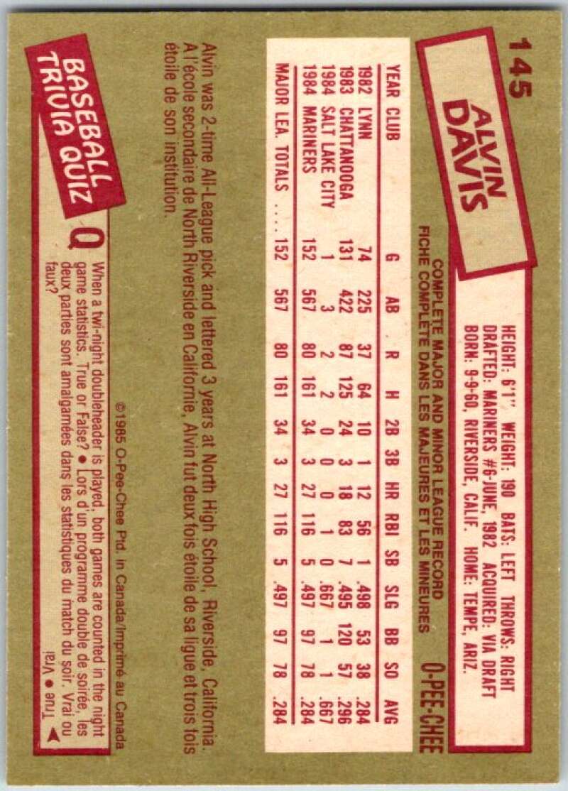 1985 O-Pee-Chee #145 Alvin Davis Seattle Mariners V36038