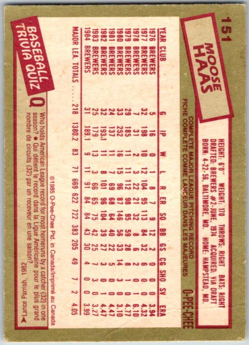 1985 O-Pee-Chee #151 Moose Haas Milwaukee Brewers V36041