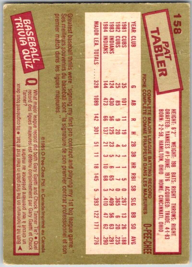 1985 O-Pee-Chee #158 Pat Tabler Cleveland Indians V36045