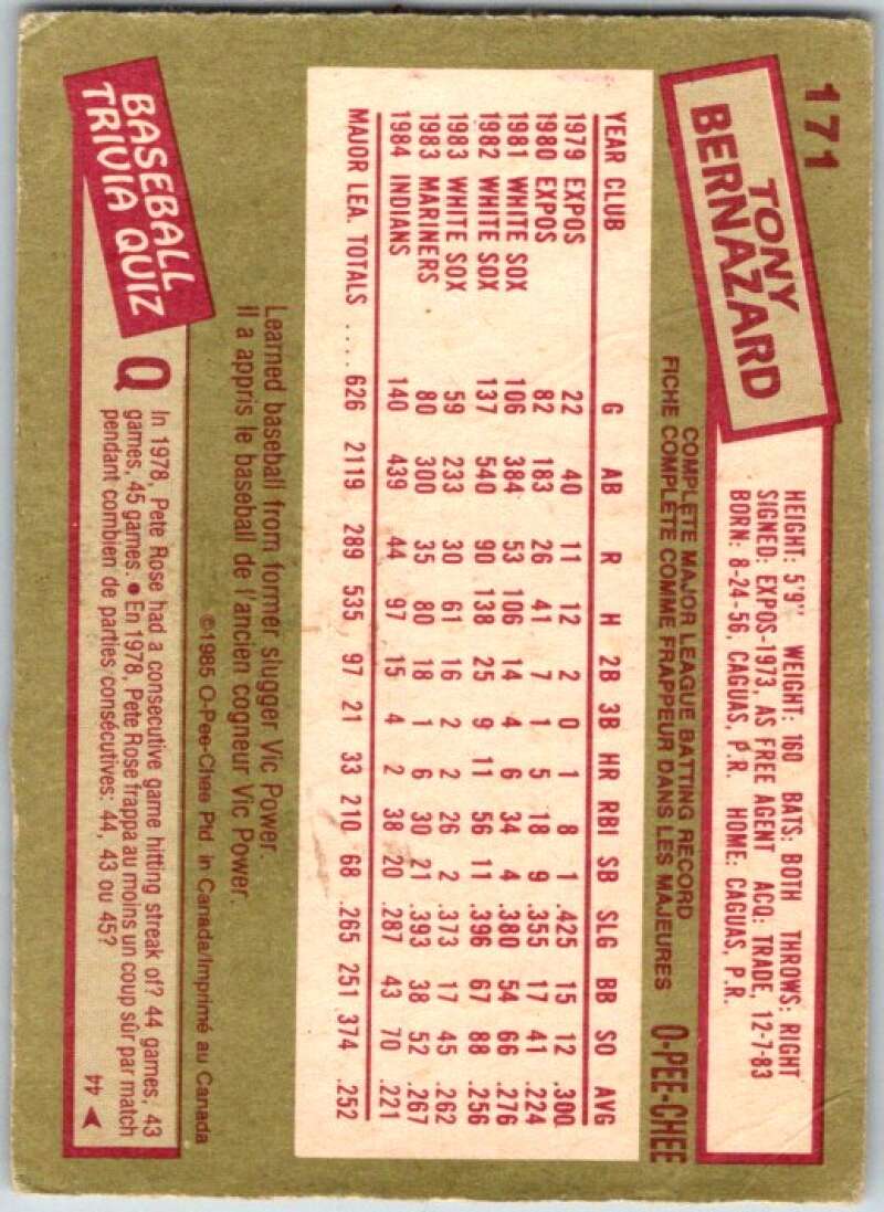 1985 O-Pee-Chee #171 Tony Bernazard  Cleveland Indians  V36049