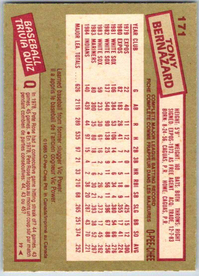 1985 O-Pee-Chee #171 Tony Bernazard Cleveland Indians V36050