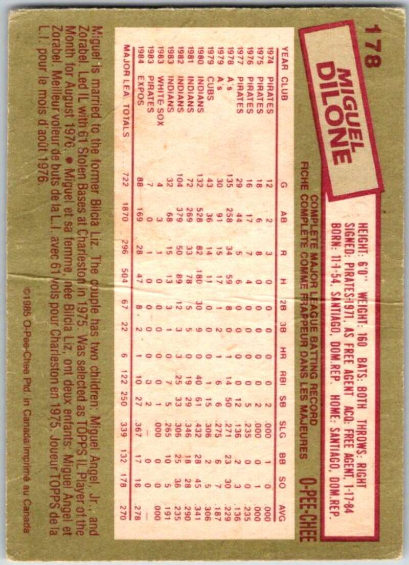 1985 O-Pee-Chee #178 Miguel Dilone Montreal Expos V36053