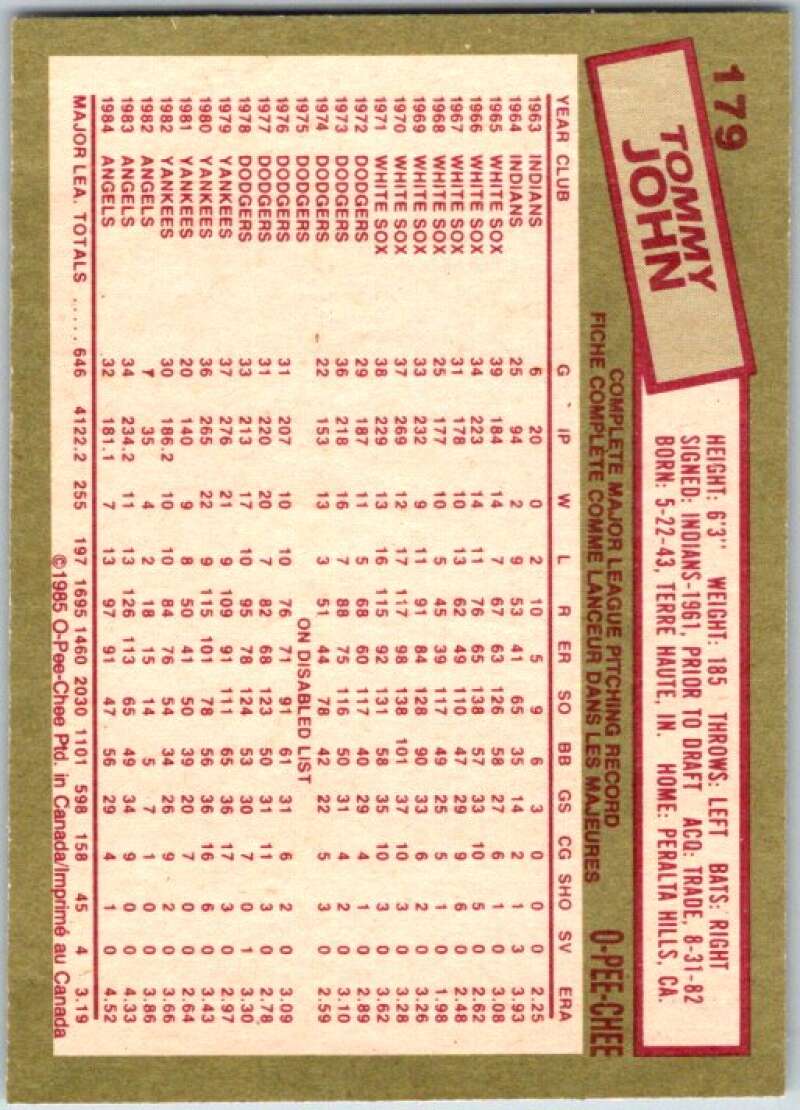 1985 O-Pee-Chee #179 Tommy John California Angels V36054