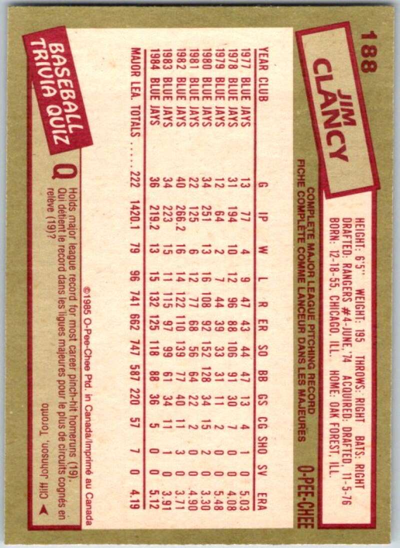 1985 O-Pee-Chee #188 Jim Clancy Toronto Blue Jays V36055