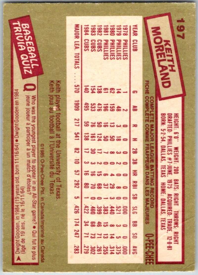 1985 O-Pee-Chee #197 Keith Moreland Chicago Cubs V36061