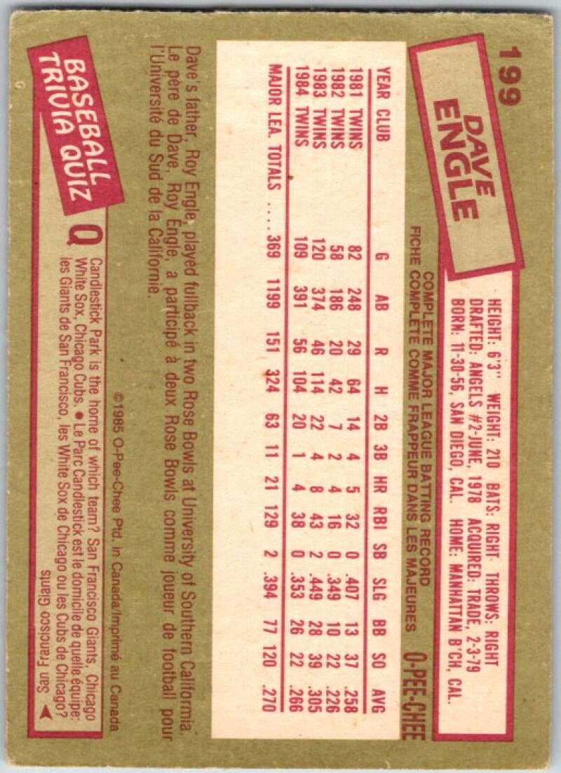 1985 O-Pee-Chee #199 Dave Engle Minnesota Twins V36062