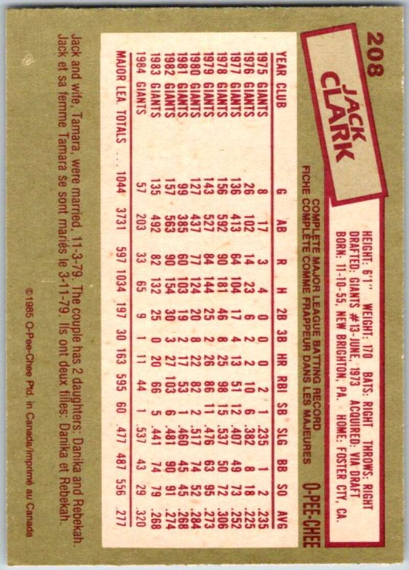 1985 O-Pee-Chee #208 Jack Clark St. Louis Cardinals V36063
