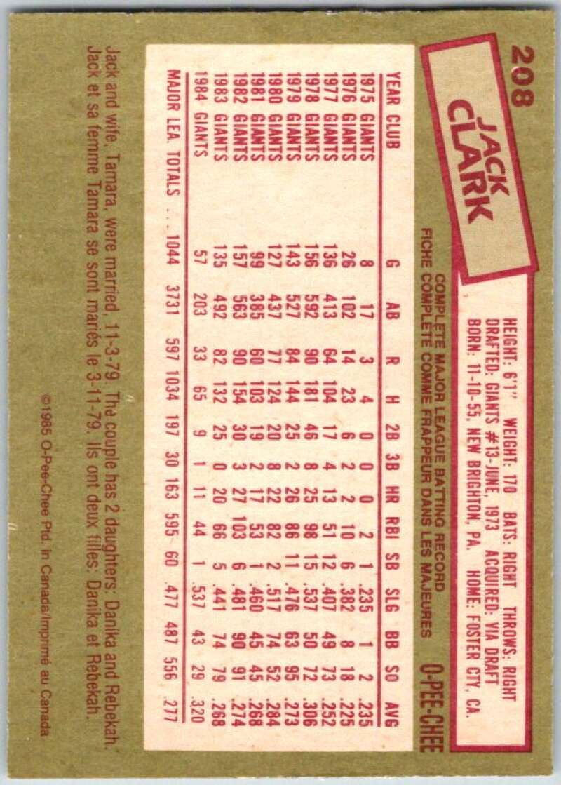 1985 O-Pee-Chee #208 Jack Clark St. Louis Cardinals V36064
