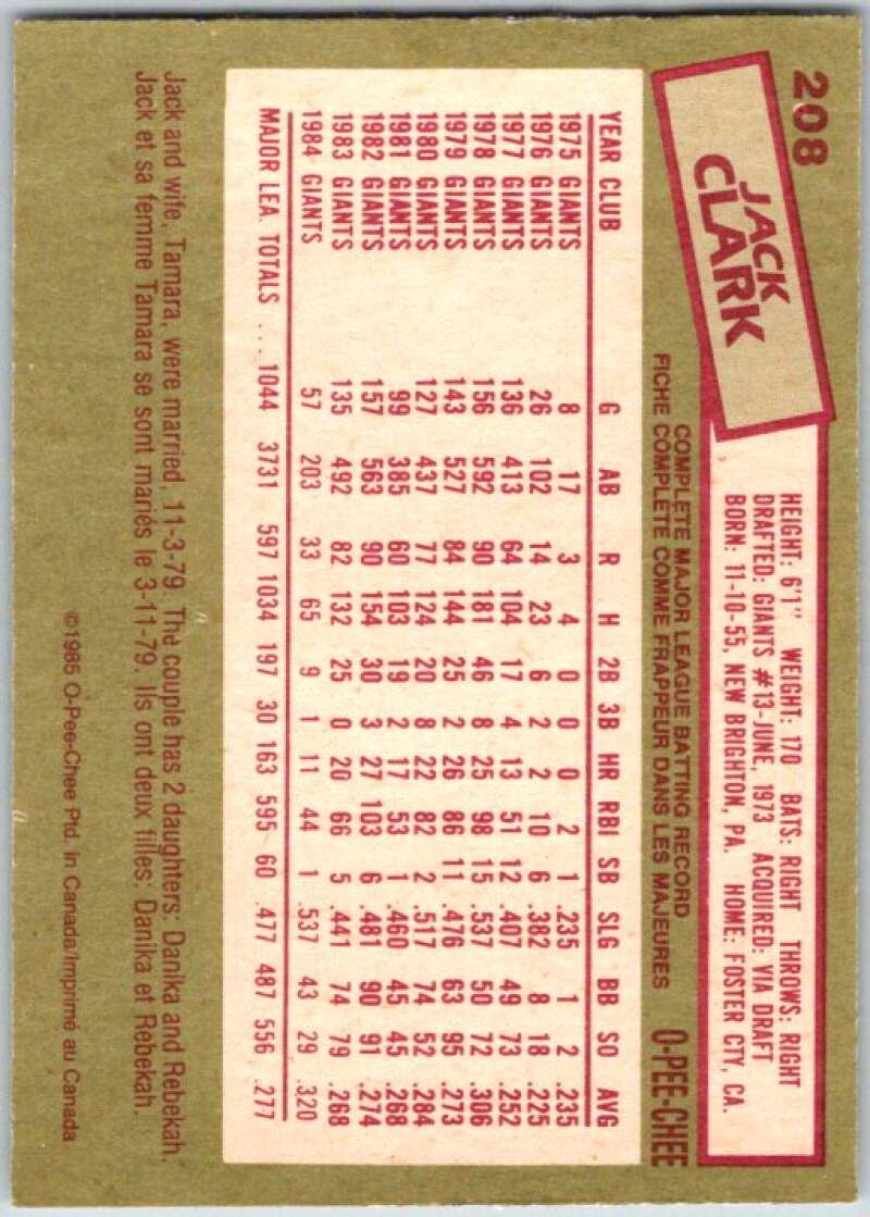 1985 O-Pee-Chee #208 Jack Clark  St. Louis Cardinals  V36064