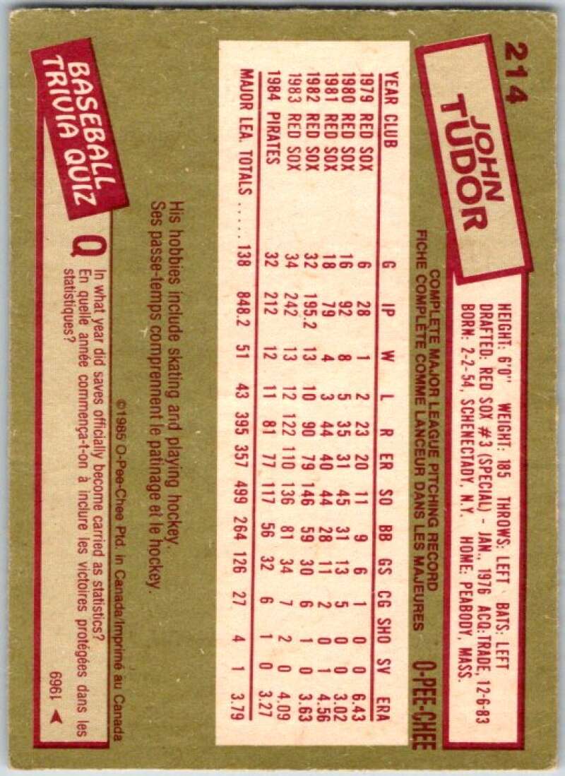 1985 O-Pee-Chee #214 John Tudor St. Louis Cardinals V36065