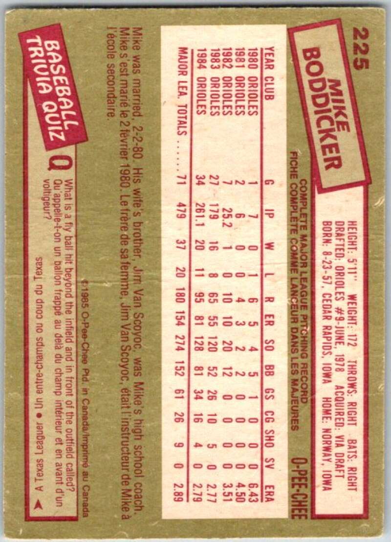 1985 O-Pee-Chee #225 Mike Boddicker Baltimore Orioles V36068
