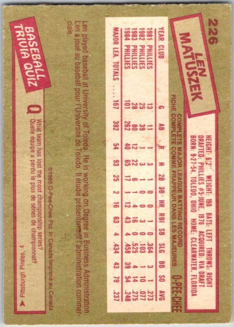 1985 O-Pee-Chee #226 Len Matuszek Philadelphia Phillies V36069
