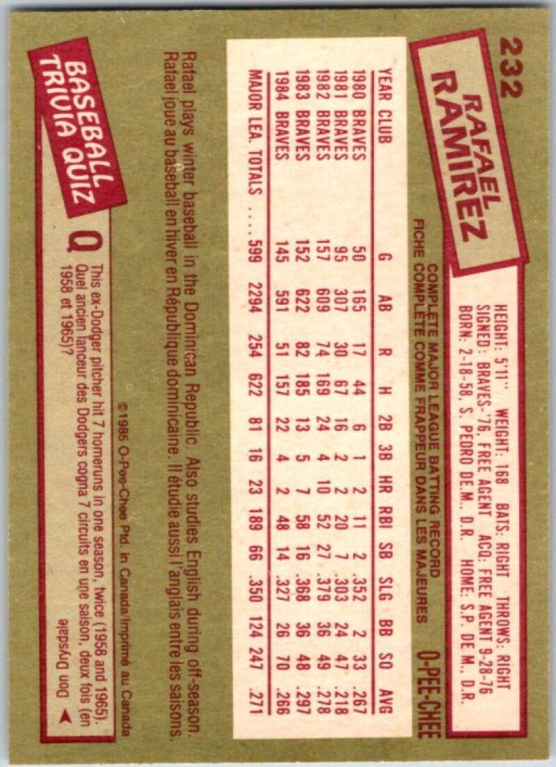 1985 O-Pee-Chee #232 Rafael Ramirez Atlanta Braves V36070
