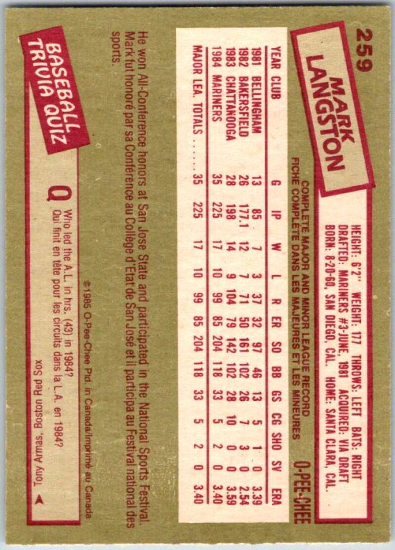 1985 O-Pee-Chee #259 Mark Langston Seattle Mariners V36080