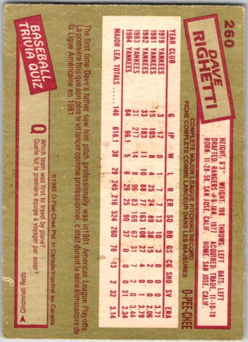 1985 O-Pee-Chee #260 Dave Righetti  New York Yankees  V36081