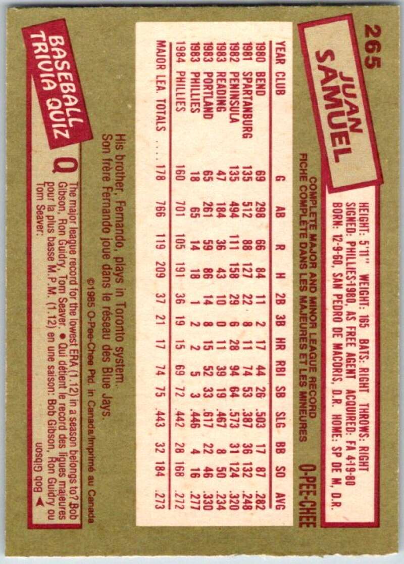 1985 O-Pee-Chee #265 Juan Samuel  Philadelphia Phillies  V36083