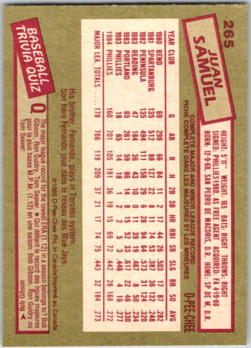 1985 O-Pee-Chee #265 Juan Samuel Philadelphia Phillies V36084
