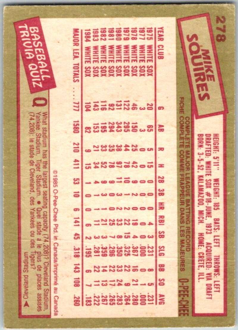 1985 O-Pee-Chee #278 Mike Squires Chicago White Sox V36089
