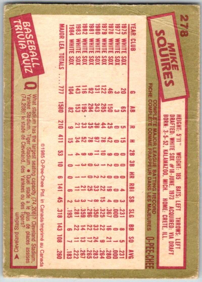 1985 O-Pee-Chee #278 Mike Squires Chicago White Sox V36090