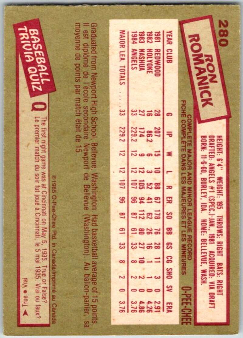 1985 O-Pee-Chee #280 Ron Romanick California Angels V36092