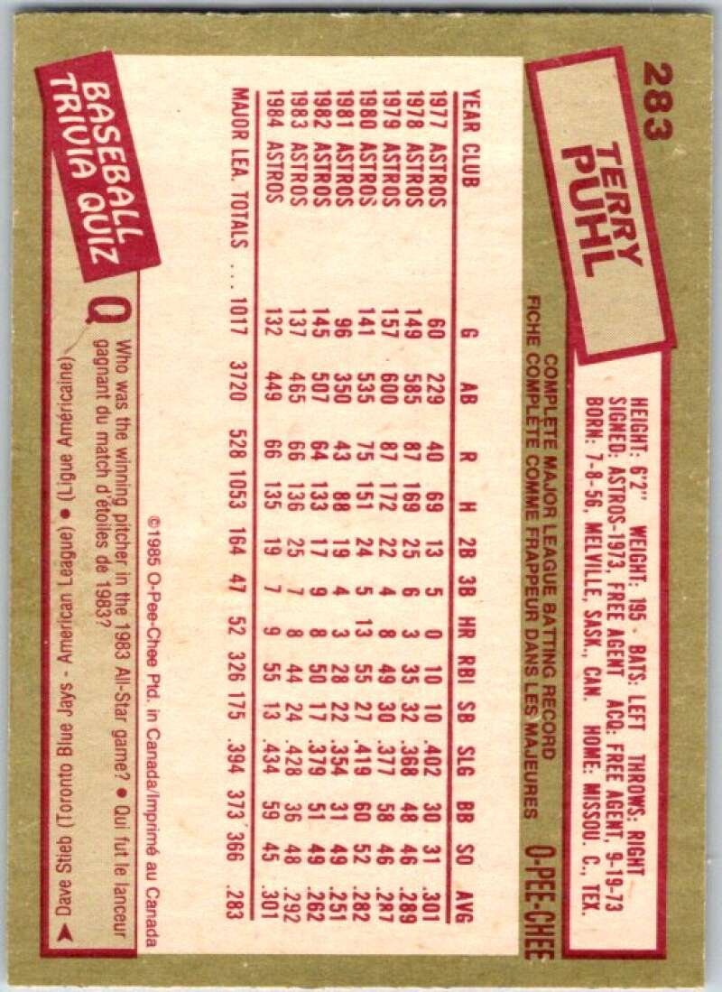 1985 O-Pee-Chee #283 Terry Puhl Houston Astros V36094