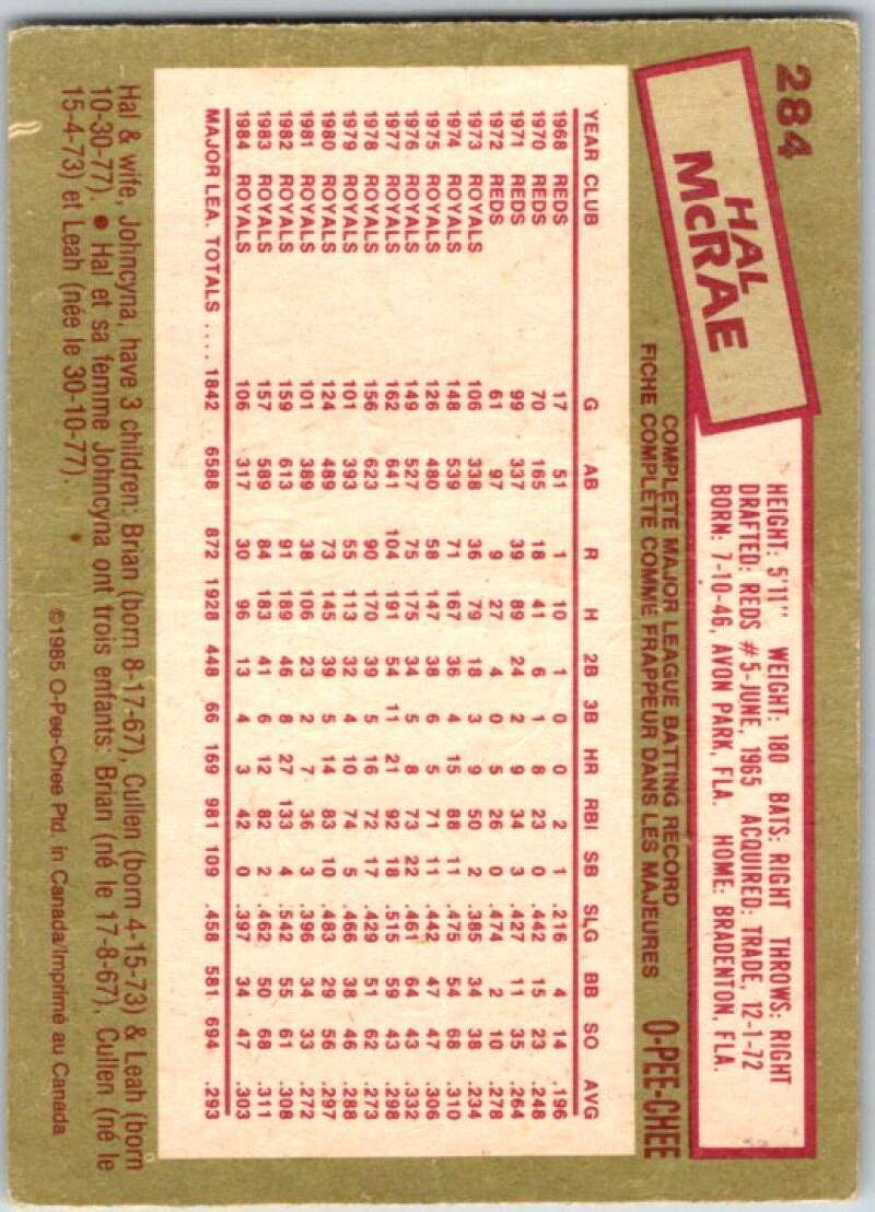 1985 O-Pee-Chee #284 Hal McRae Kansas City Royals V36095