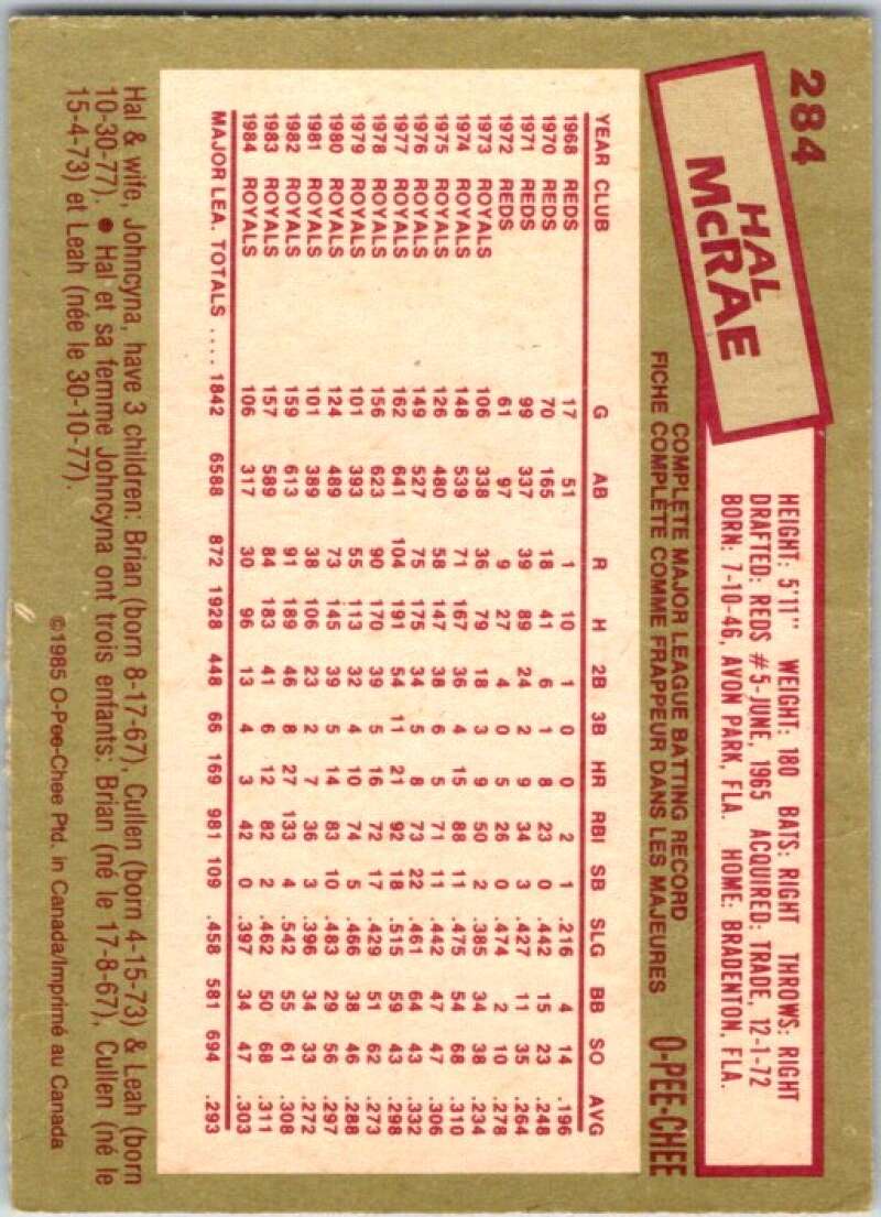1985 O-Pee-Chee #284 Hal McRae Kansas City Royals V36096