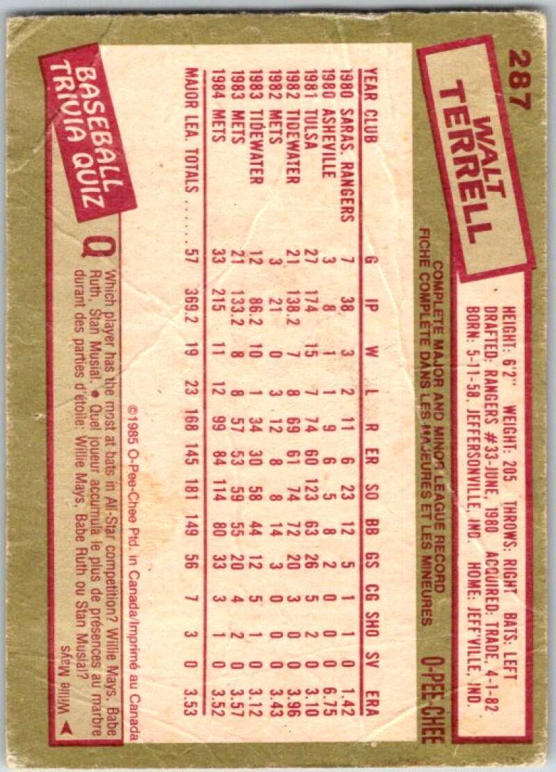 1985 O-Pee-Chee #287 Walt Terrell  Detroit Tigers  V36098
