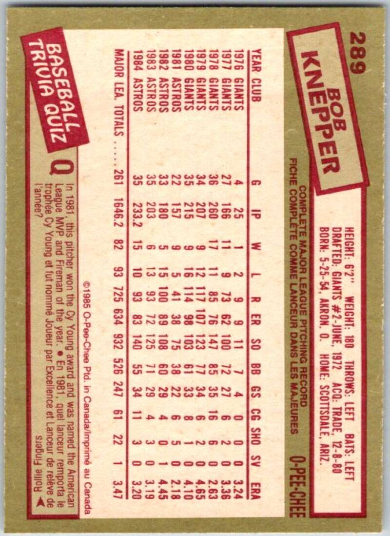 1985 O-Pee-Chee #289 Bob Knepper  Houston Astros  V36100