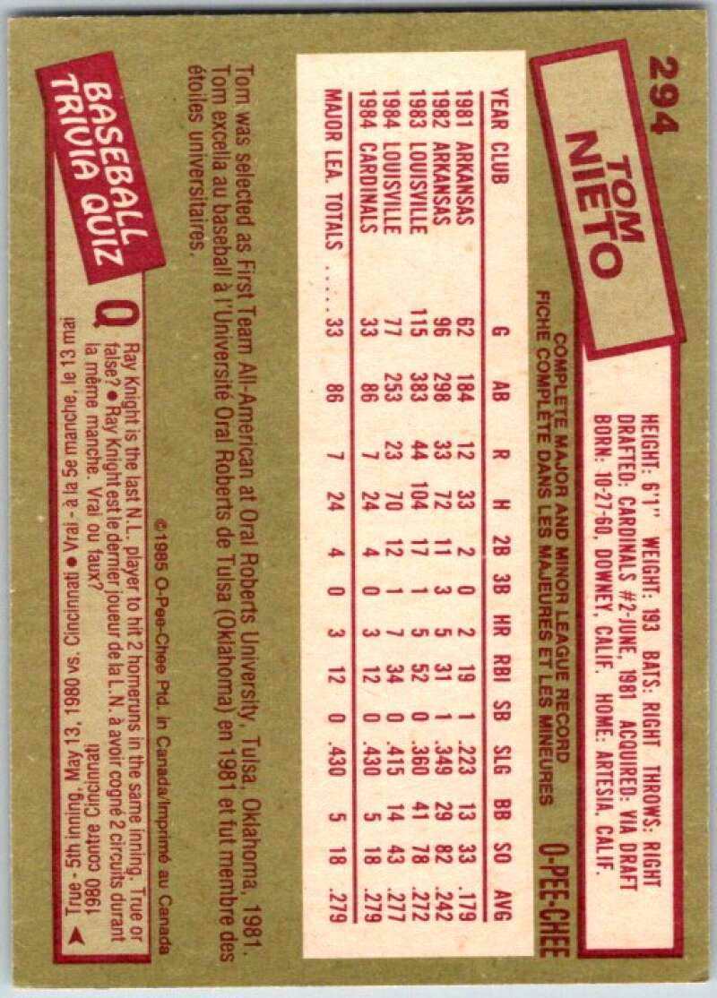 1985 O-Pee-Chee #294 Tom Nieto RC Rookie St. Louis Cardinals V36101