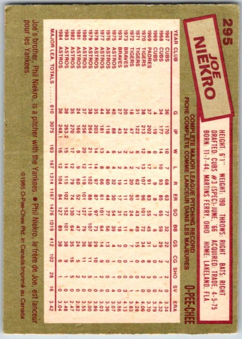1985 O-Pee-Chee #295 Joe Niekro  Houston Astros  V36102