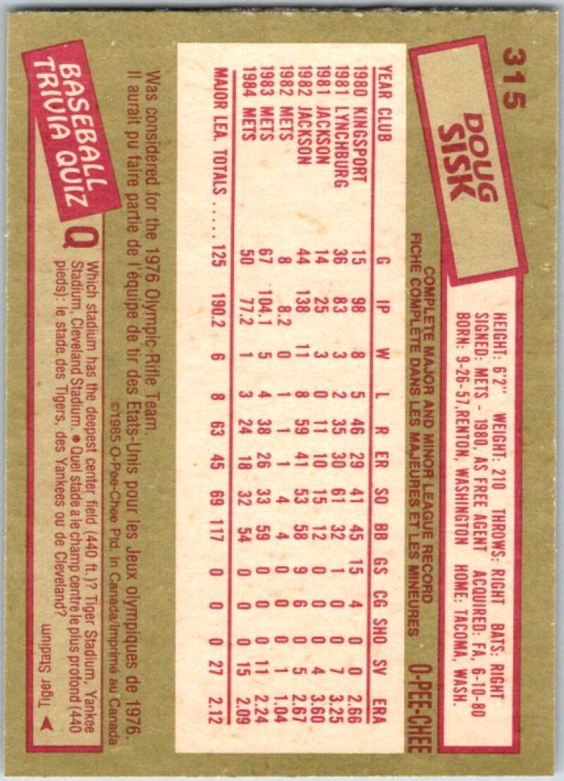 1985 O-Pee-Chee #315 Doug Sisk New York Mets V36106