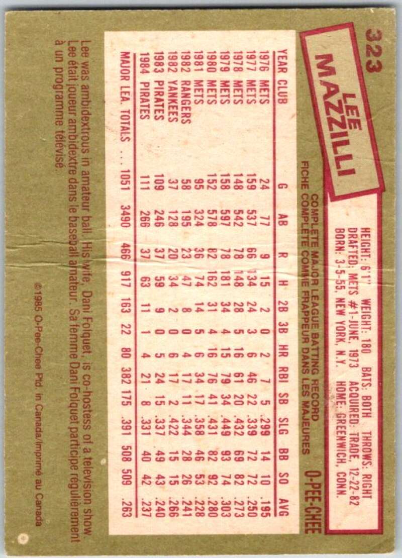 1985 O-Pee-Chee #323 Lee Mazzilli Pittsburgh Pirates V36108