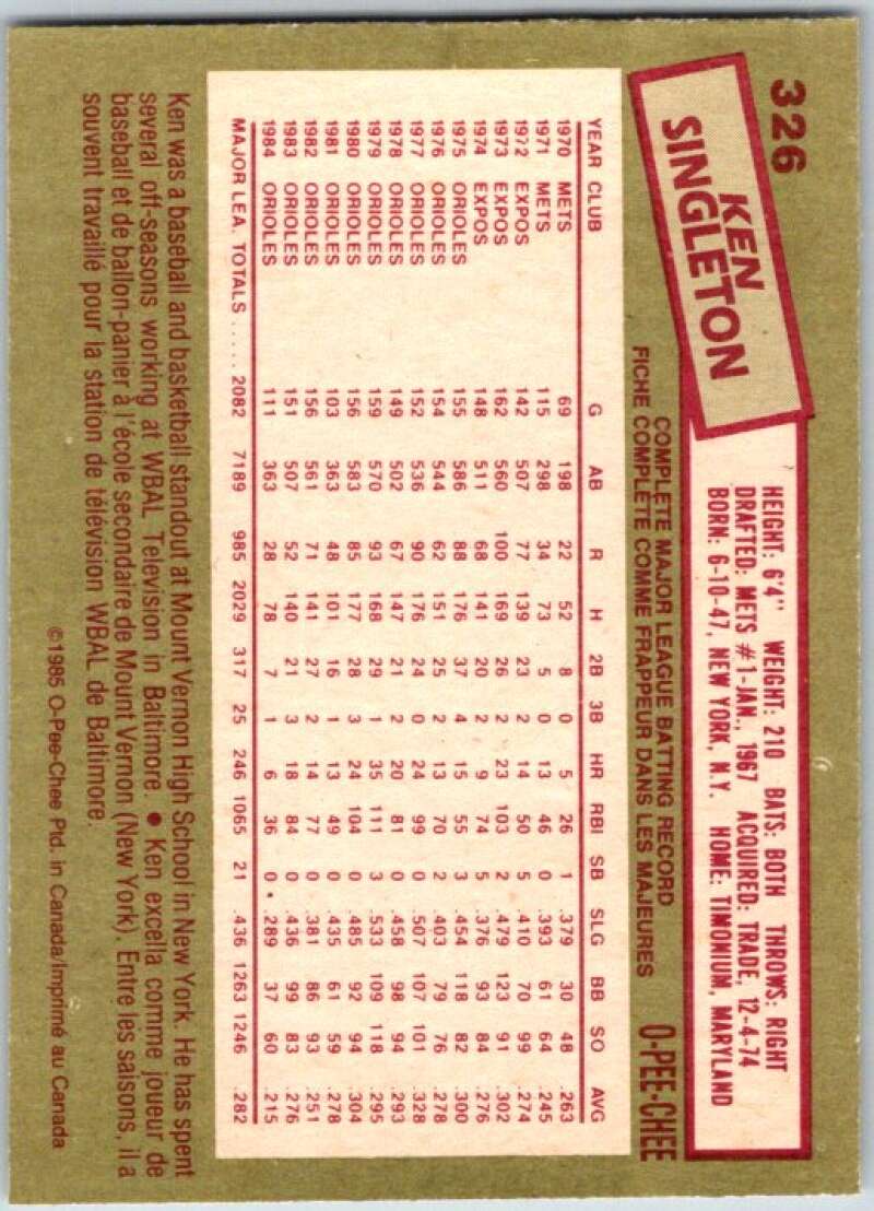 1985 O-Pee-Chee #326 Ken Singleton Baltimore Orioles V36109