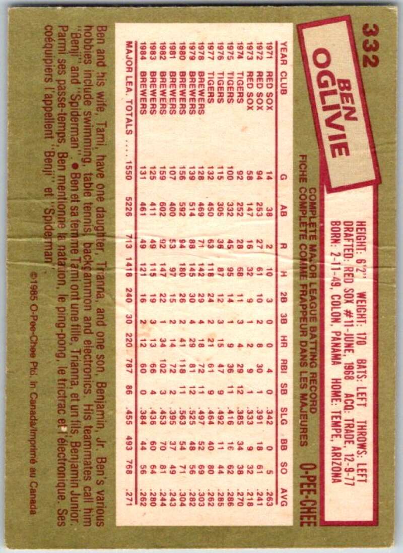 1985 O-Pee-Chee #332 Ben Oglivie Milwaukee Brewers V36110