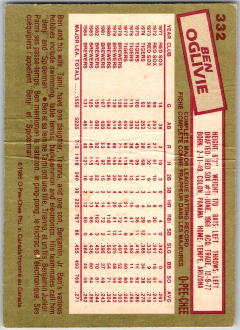1985 O-Pee-Chee #332 Ben Oglivie  Milwaukee Brewers  V36110