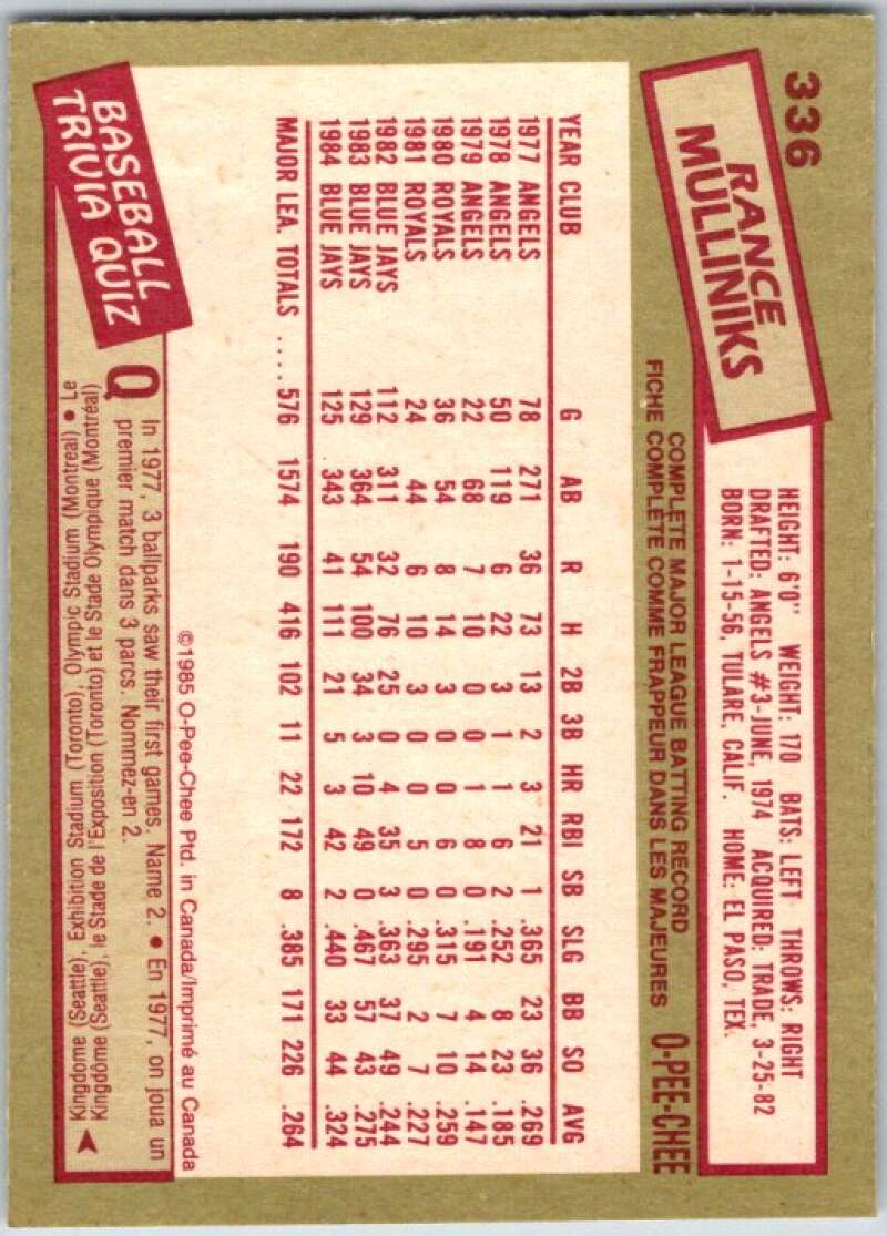 1985 O-Pee-Chee #336 Rance Mulliniks Toronto Blue Jays V36111