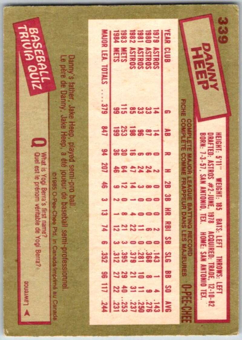 1985 O-Pee-Chee #339 Danny Heep New York Mets V36113