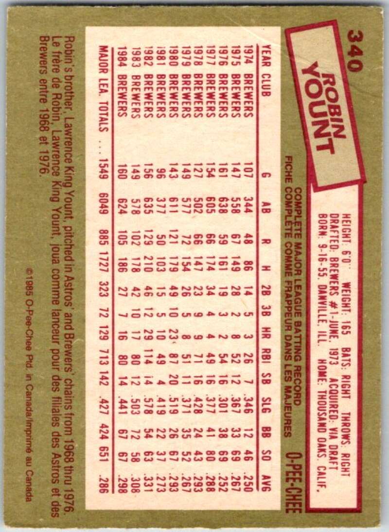 1985 O-Pee-Chee #340 Robin Yount  Milwaukee Brewers  V36114